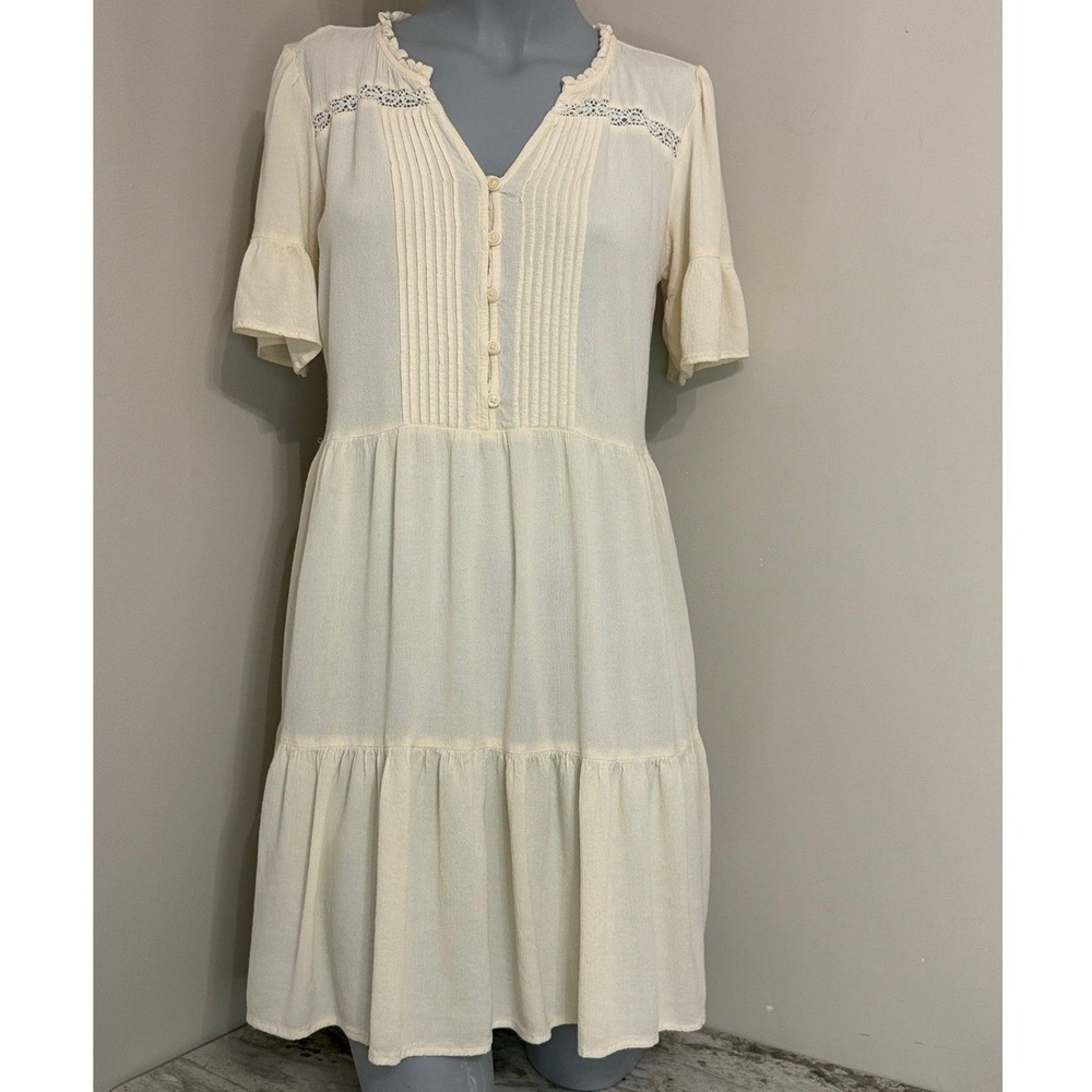 Old Navy Womens XS Cream Rayon Pintuck Tiered Boho Mini Dress Lace Trim Ruffle
